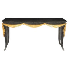 Mesa Consola Ebonizada con Tapa de Granito y Motivo de Swag Dorado - Siglo XX