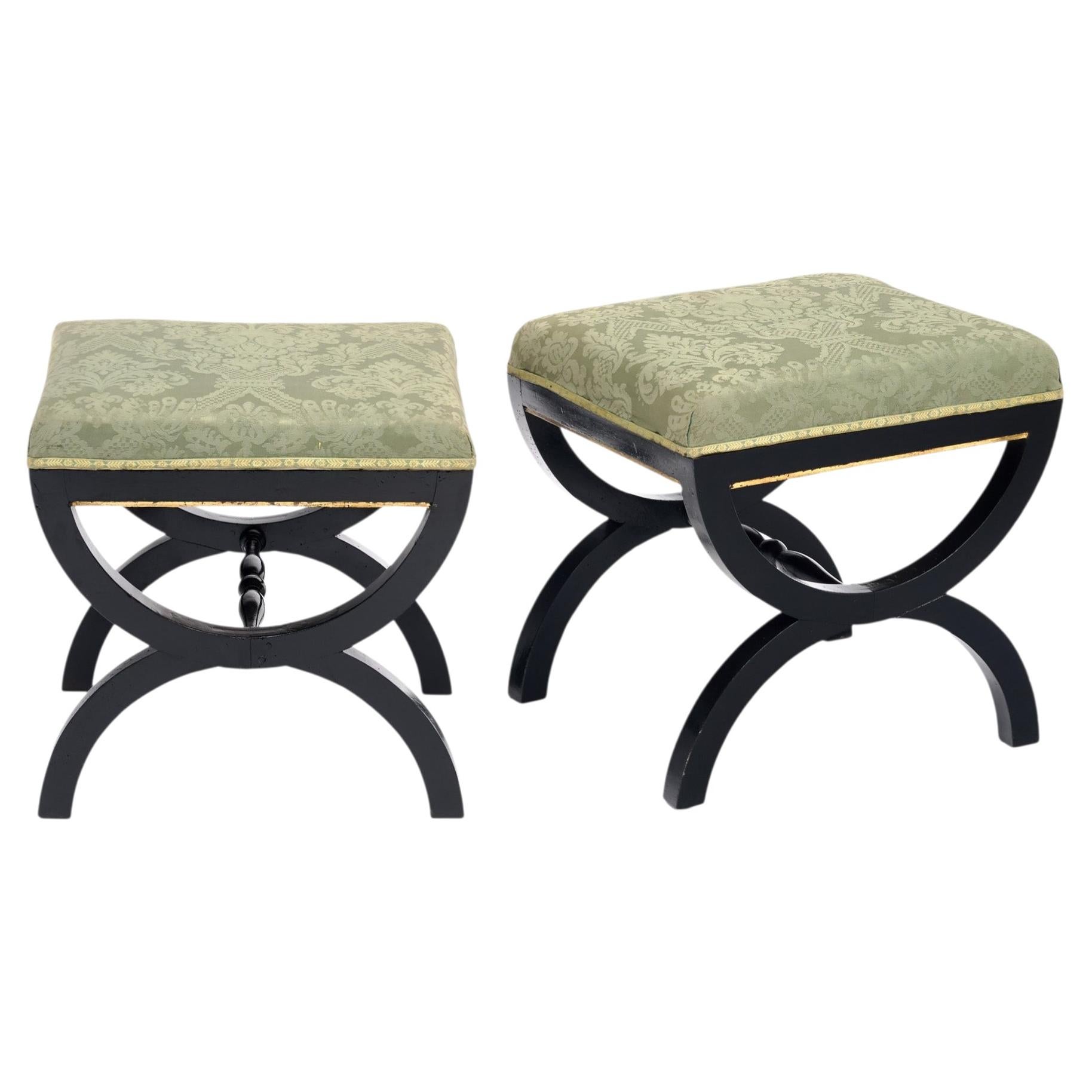 Ebonized Curule Stools, Vintage French Design, Solid Wood, 1930s