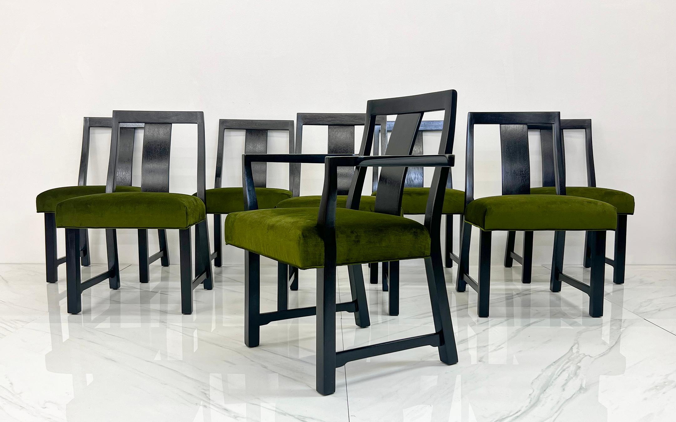 Ebonized Dining Set in Olive Velvet by Edward Wormley, Dunbar, 1950's In Good Condition For Sale In Culver City, CA