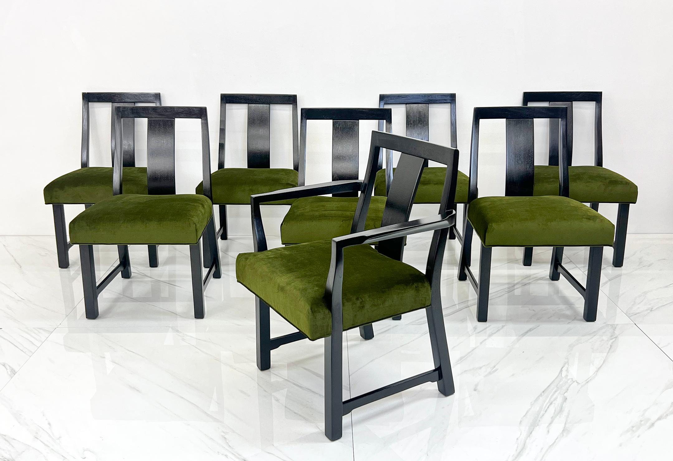 Mid-20th Century Ebonized Dining Set in Olive Velvet by Edward Wormley, Dunbar, 1950's For Sale