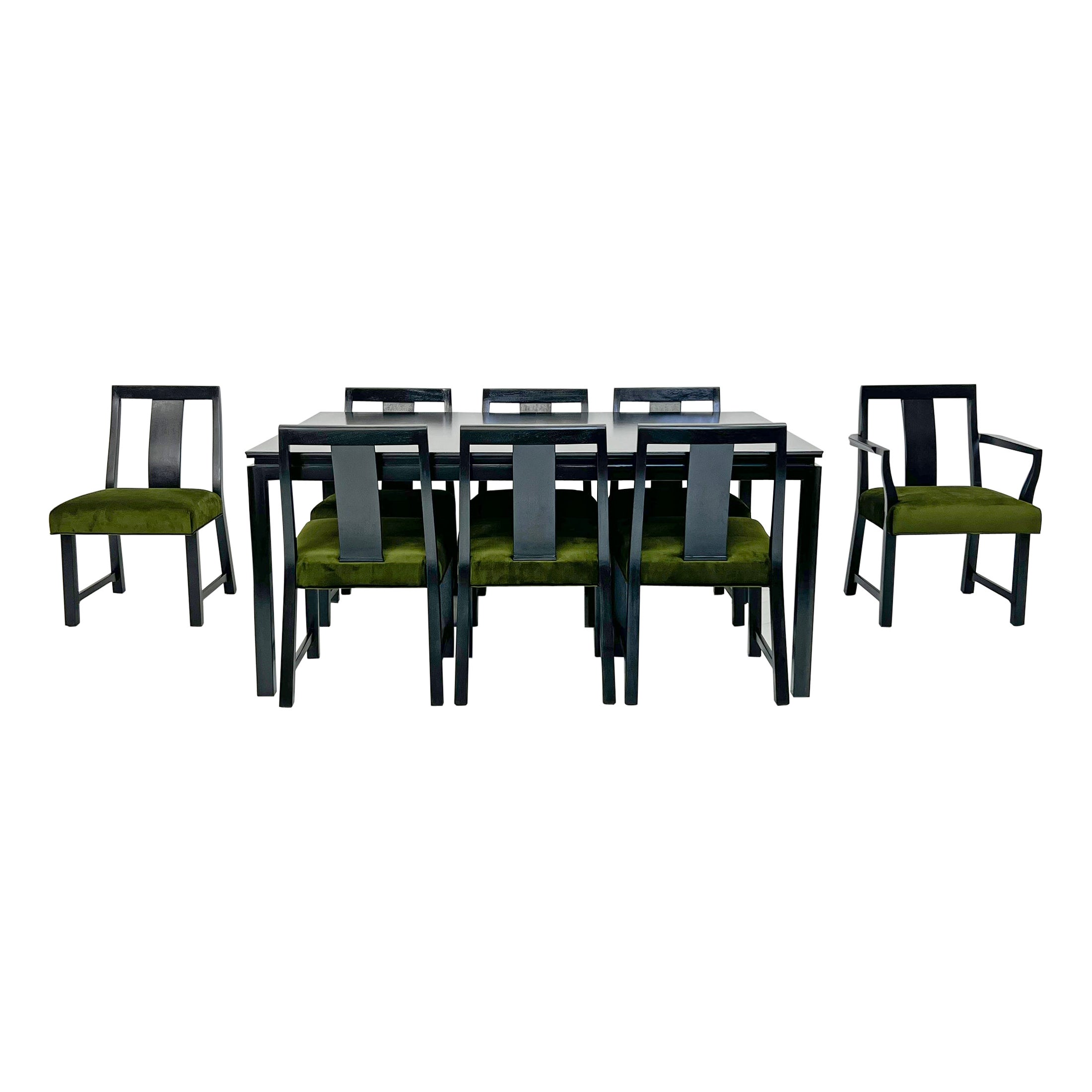 Ebonized Dining Set in Olive Velvet by Edward Wormley, Dunbar, 1950's For Sale