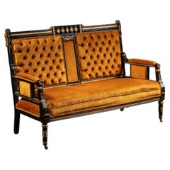 Ebonized Eastlake Parlor Sofa with Tufted Velvet Upholstery in Orange