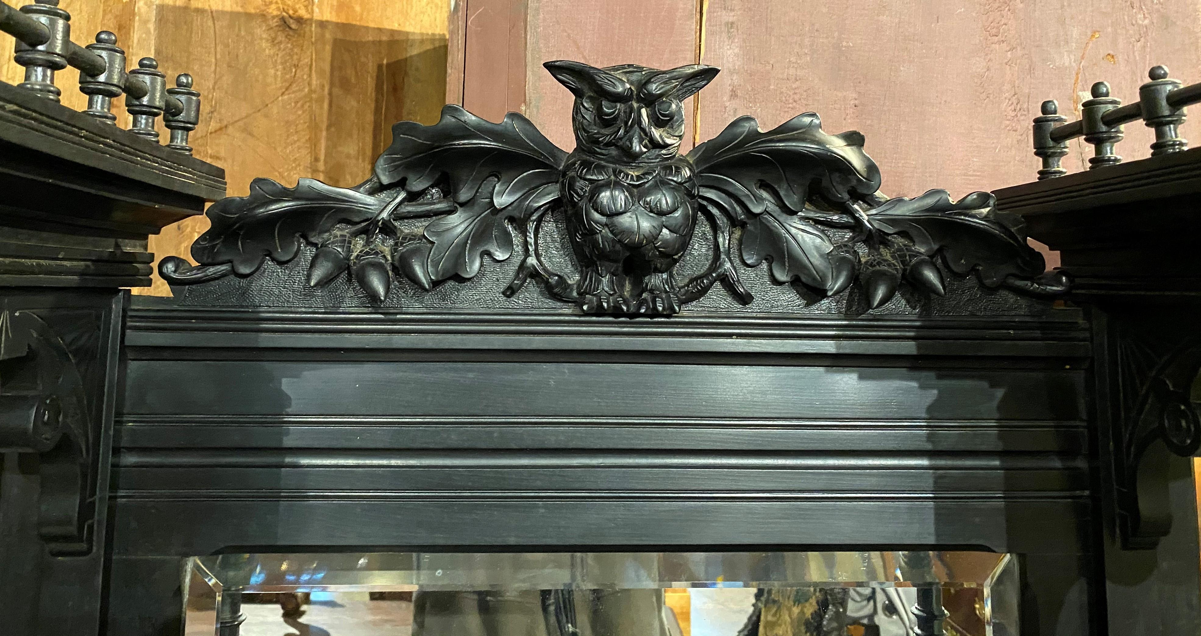 Beveled Ebonized Étagère Cabinet with Owl Crest Attributed to Bancroft & Dyer circa 1885