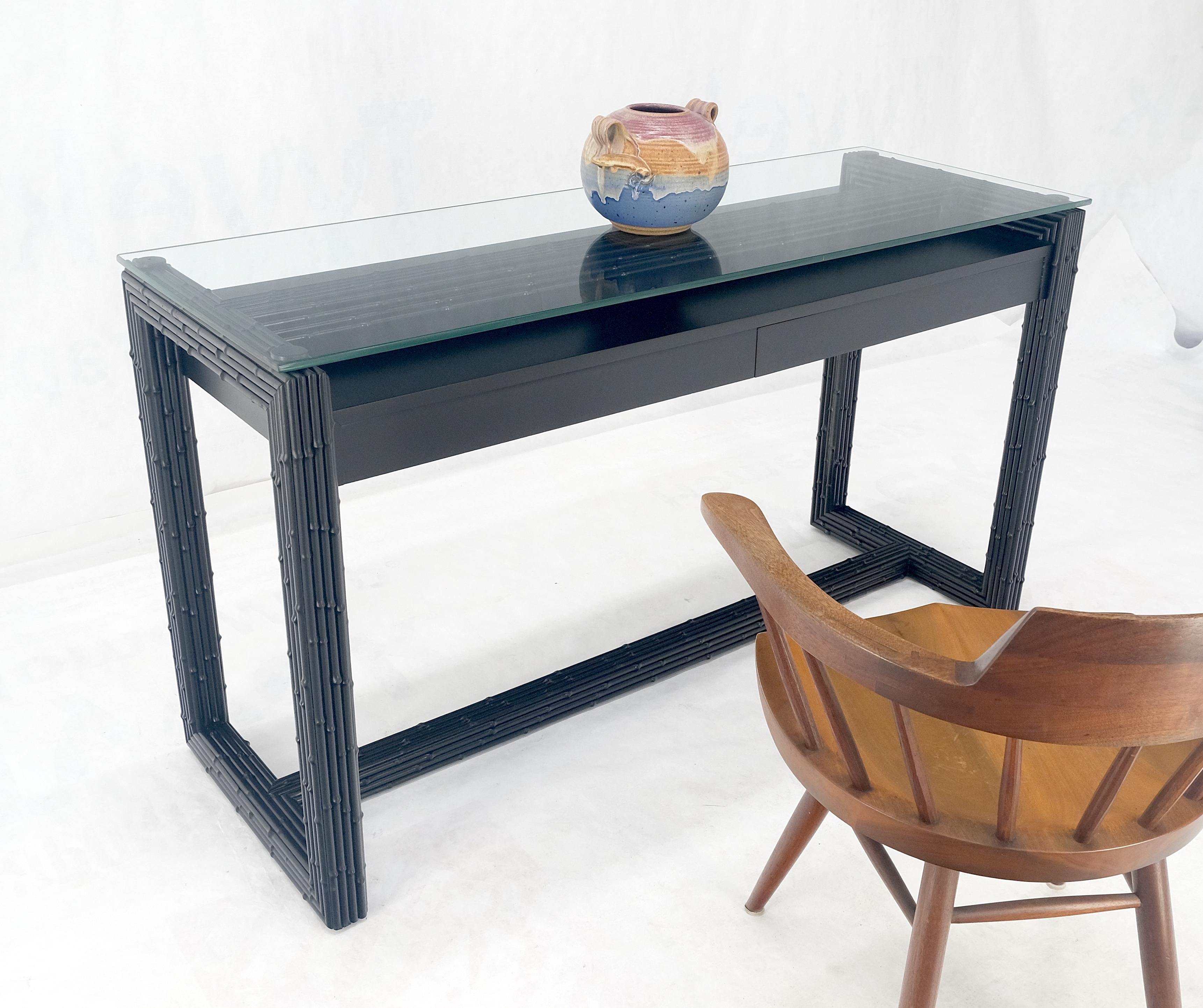 Ebonized Faux Bamboo Reed Two Door Glass Top Console Sofa Table MINT! For Sale 5