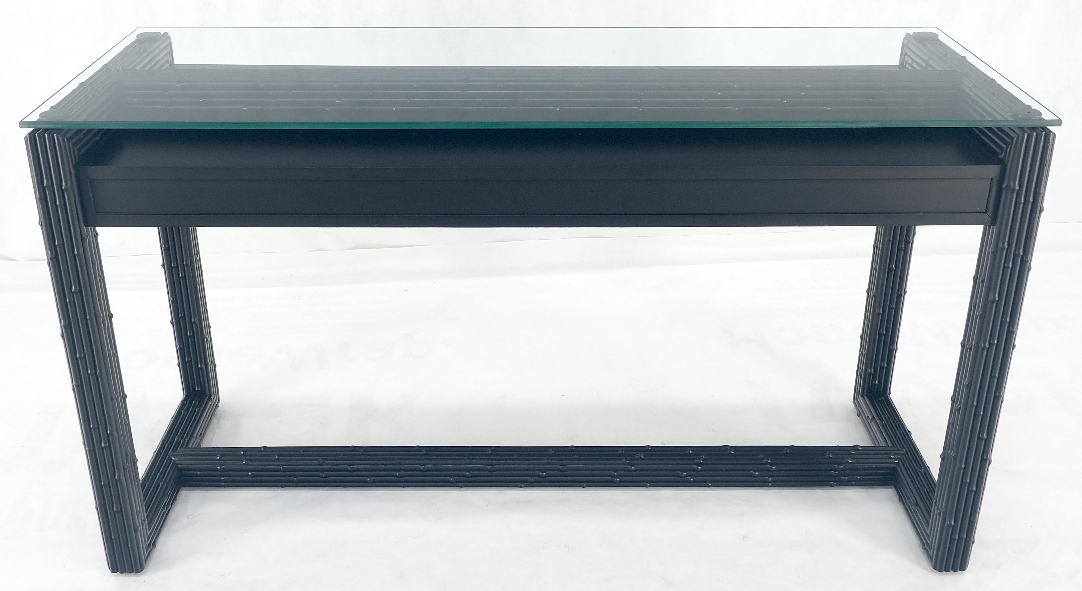 Ebonized Faux Bamboo Reed Two Door Glass Top Console Sofa Table MINT! For Sale 6