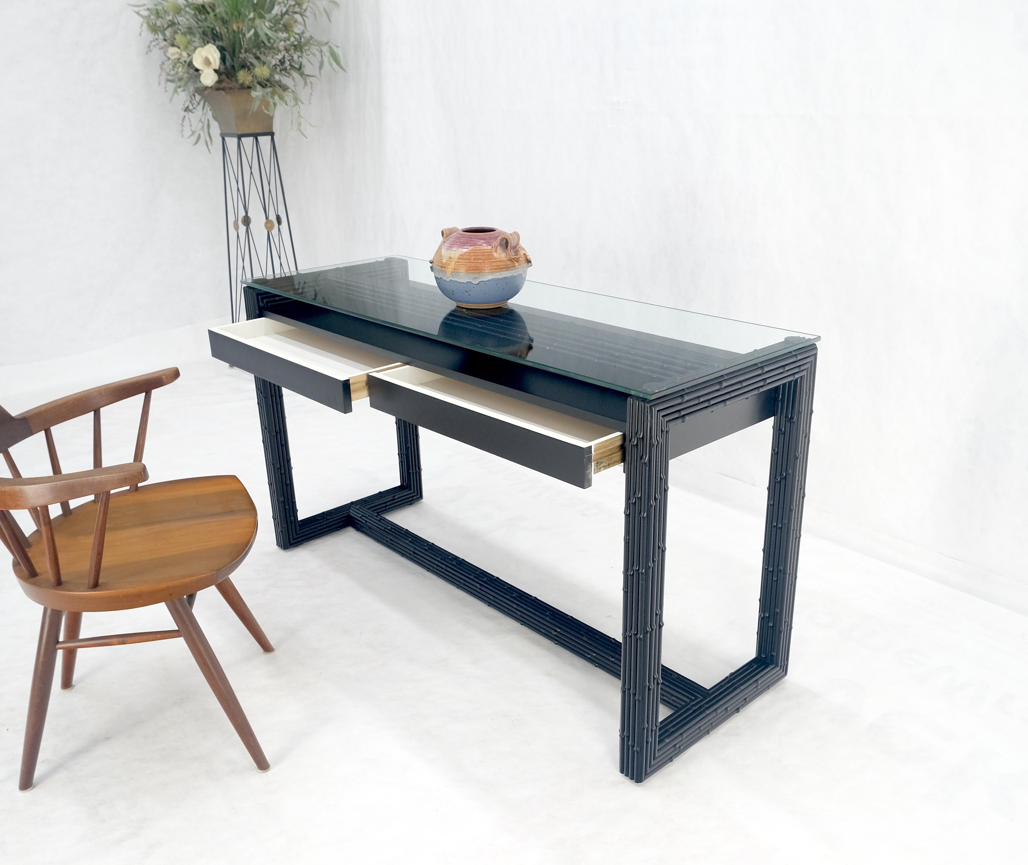 Mid-Century Modern Ebonized Faux Bamboo Reed Two Door Glass Top Console Sofa Table MINT! For Sale
