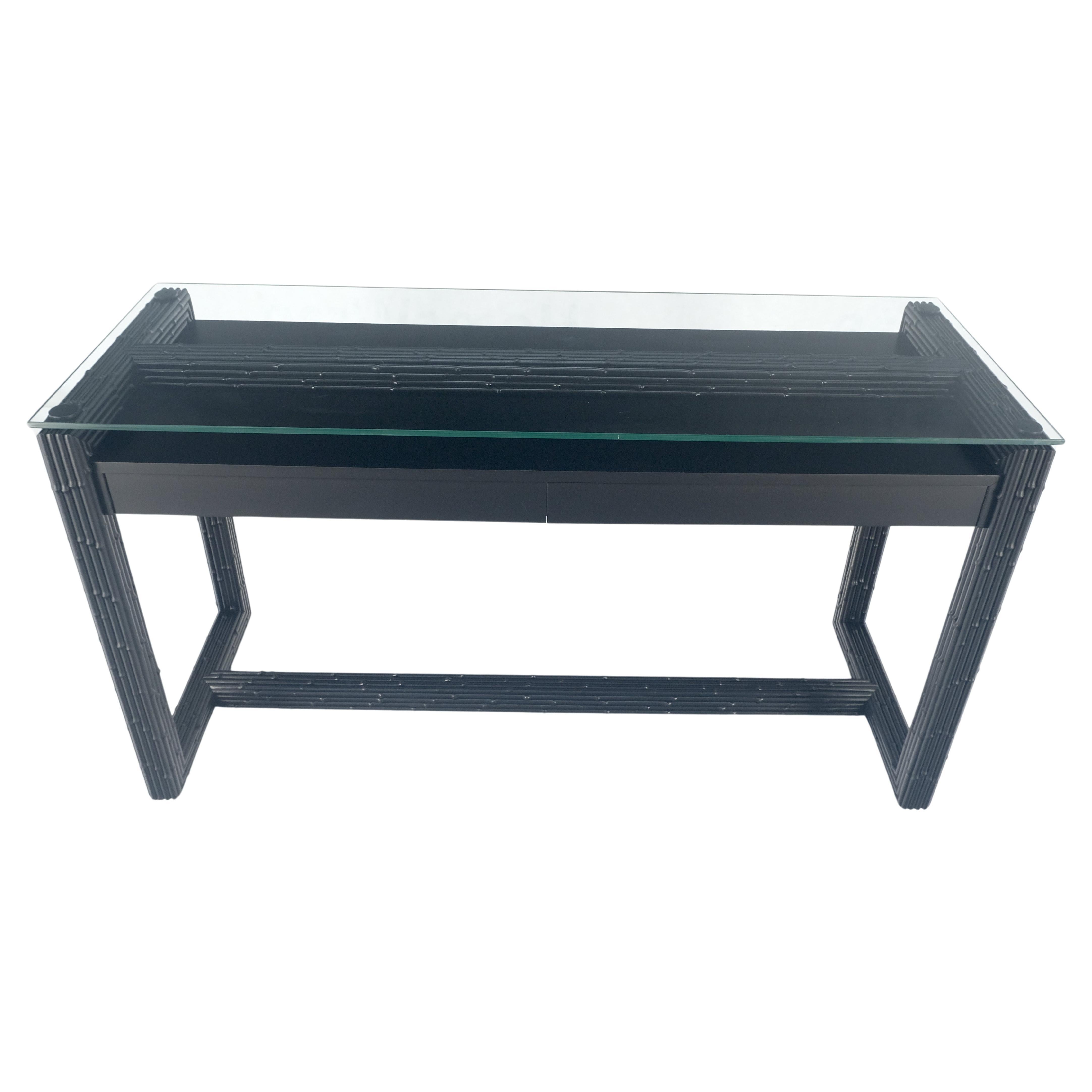 American Ebonized Faux Bamboo Reed Two Door Glass Top Console Sofa Table MINT! For Sale