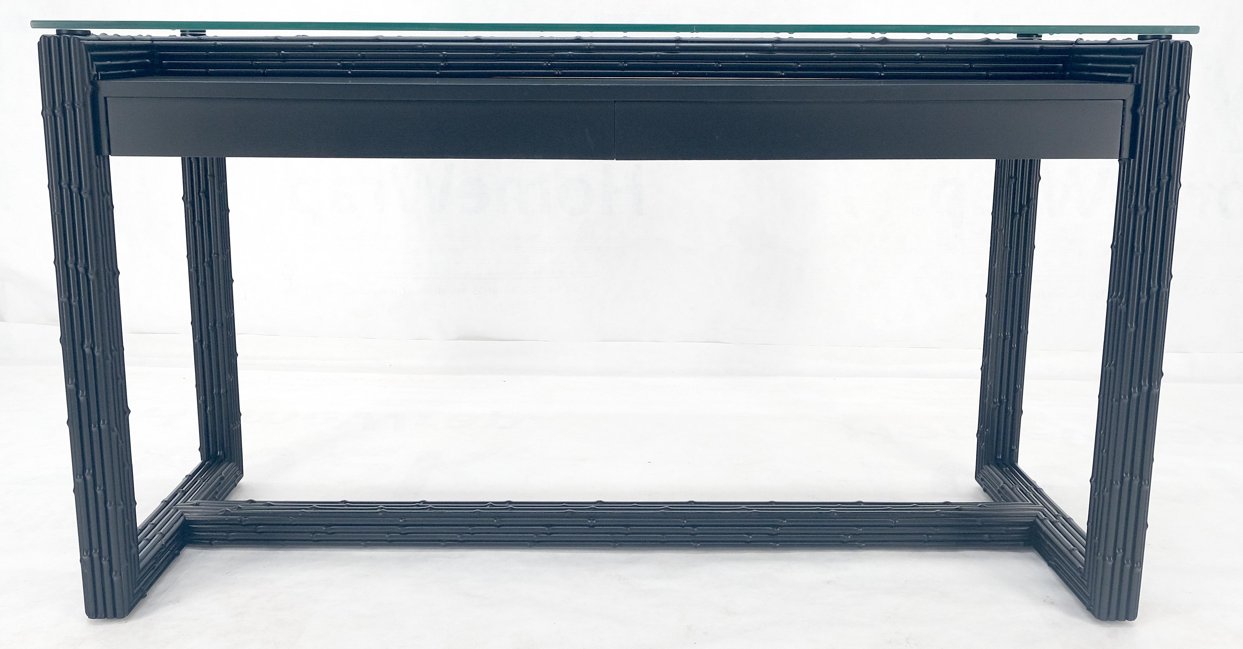 Oak Ebonized Faux Bamboo Reed Two Door Glass Top Console Sofa Table MINT! For Sale