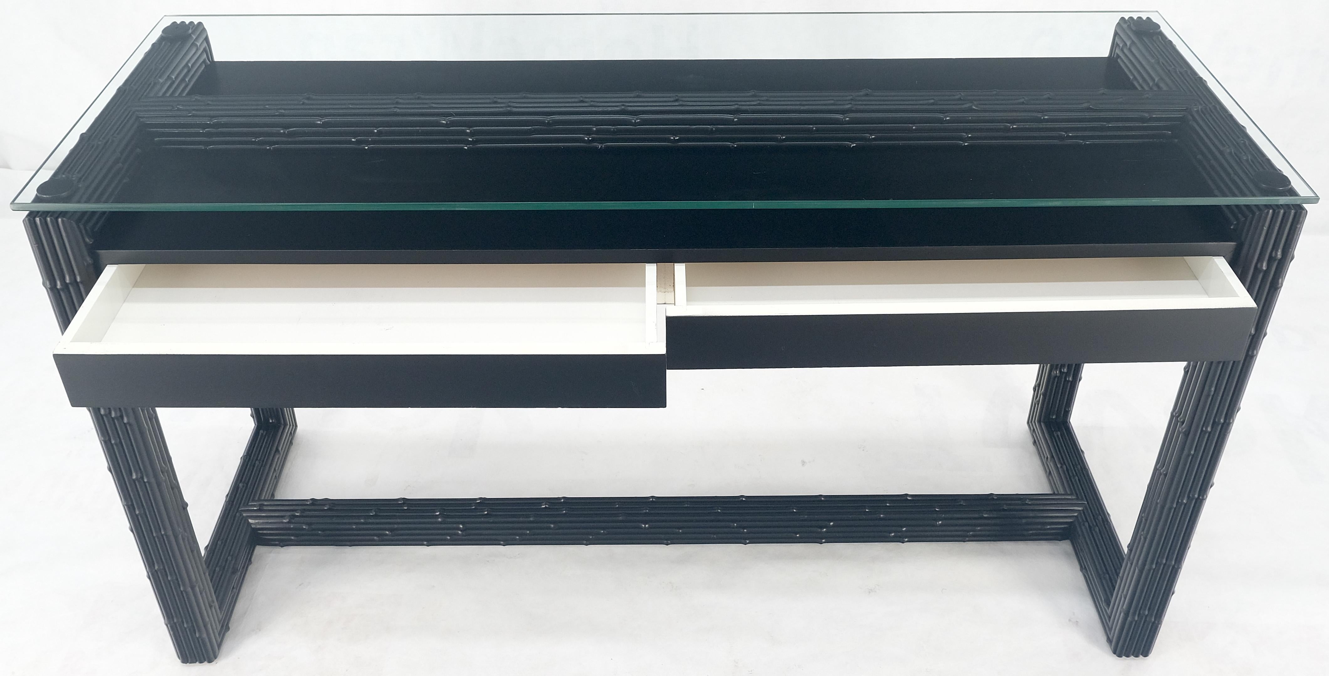 Ebonized Faux Bamboo Reed Two Door Glass Top Console Sofa Table MINT! For Sale 1