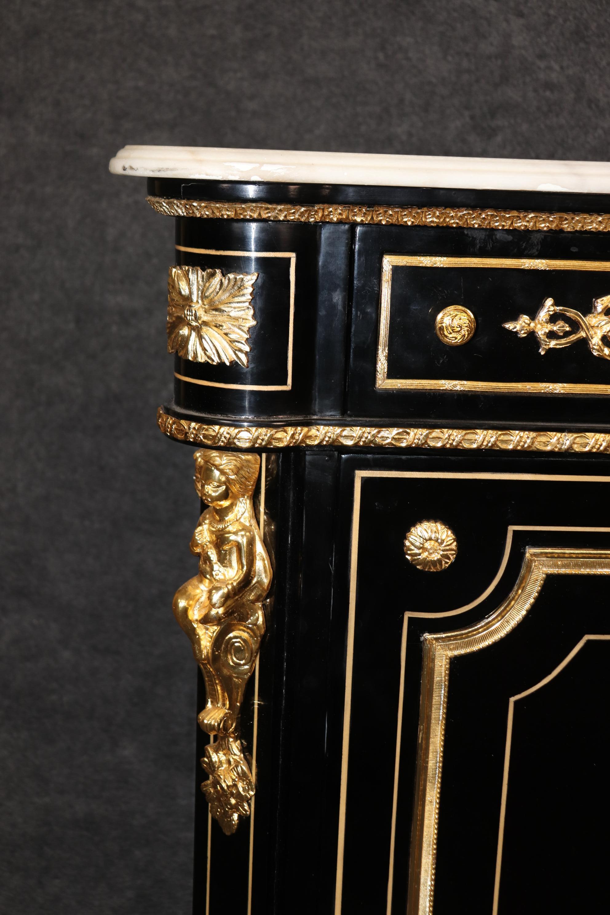 Ebonized Figural Brass Marble Top Napoleonic Side Cabinet Commode For Sale 10