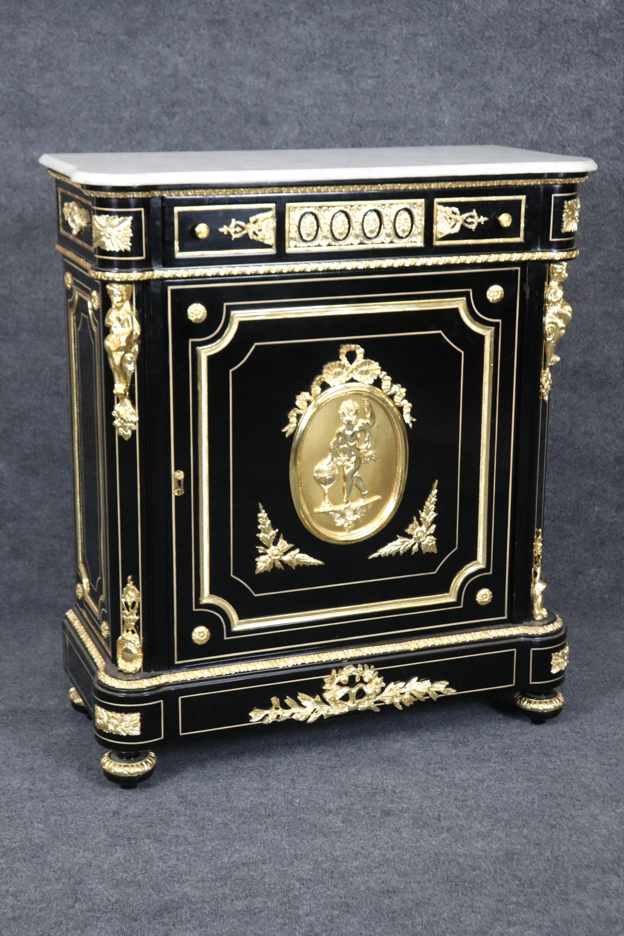 Napoleon III Ebonized Figural Brass Marble Top Napoleonic Side Cabinet Commode For Sale