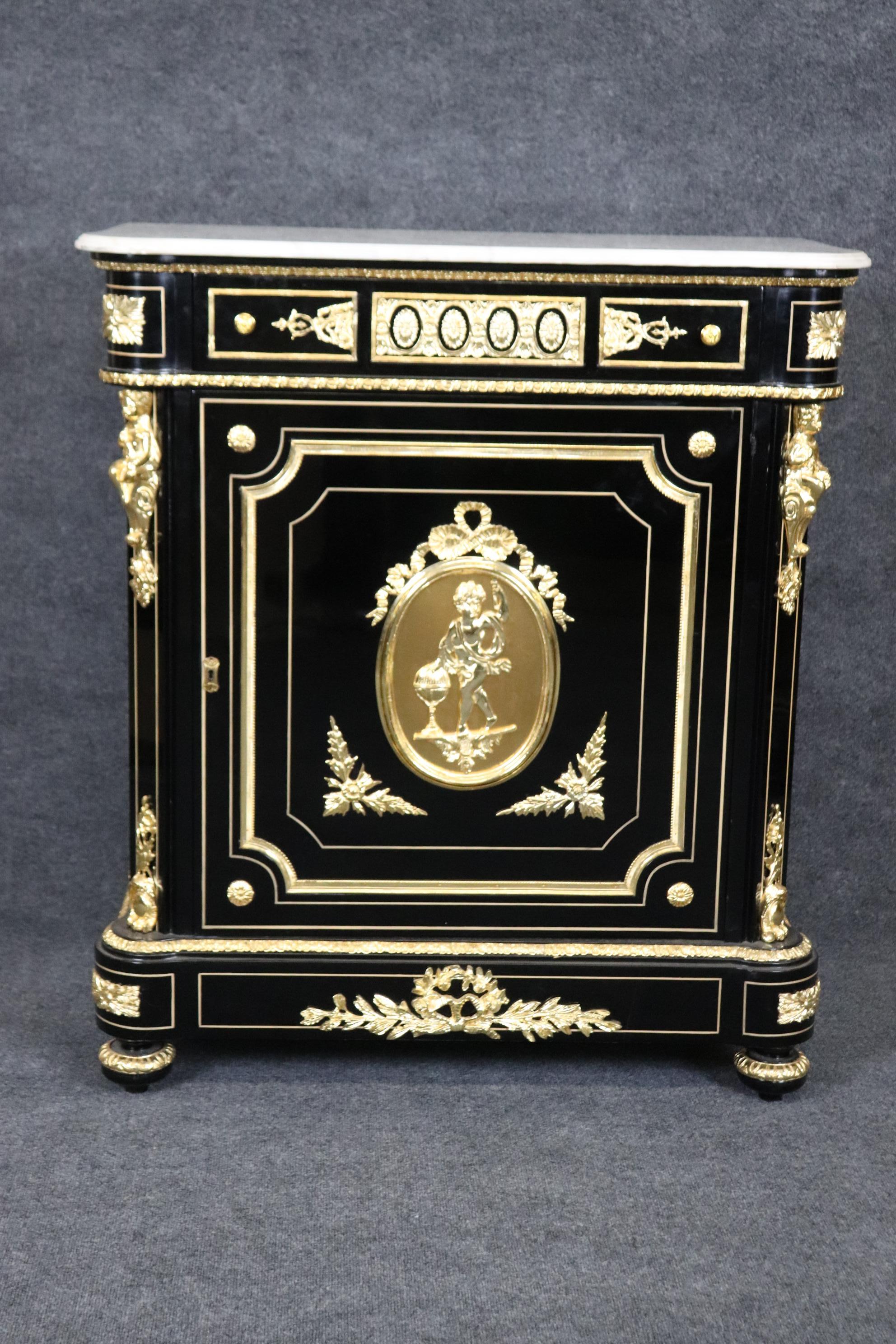 European Ebonized Figural Brass Marble Top Napoleonic Side Cabinet Commode For Sale