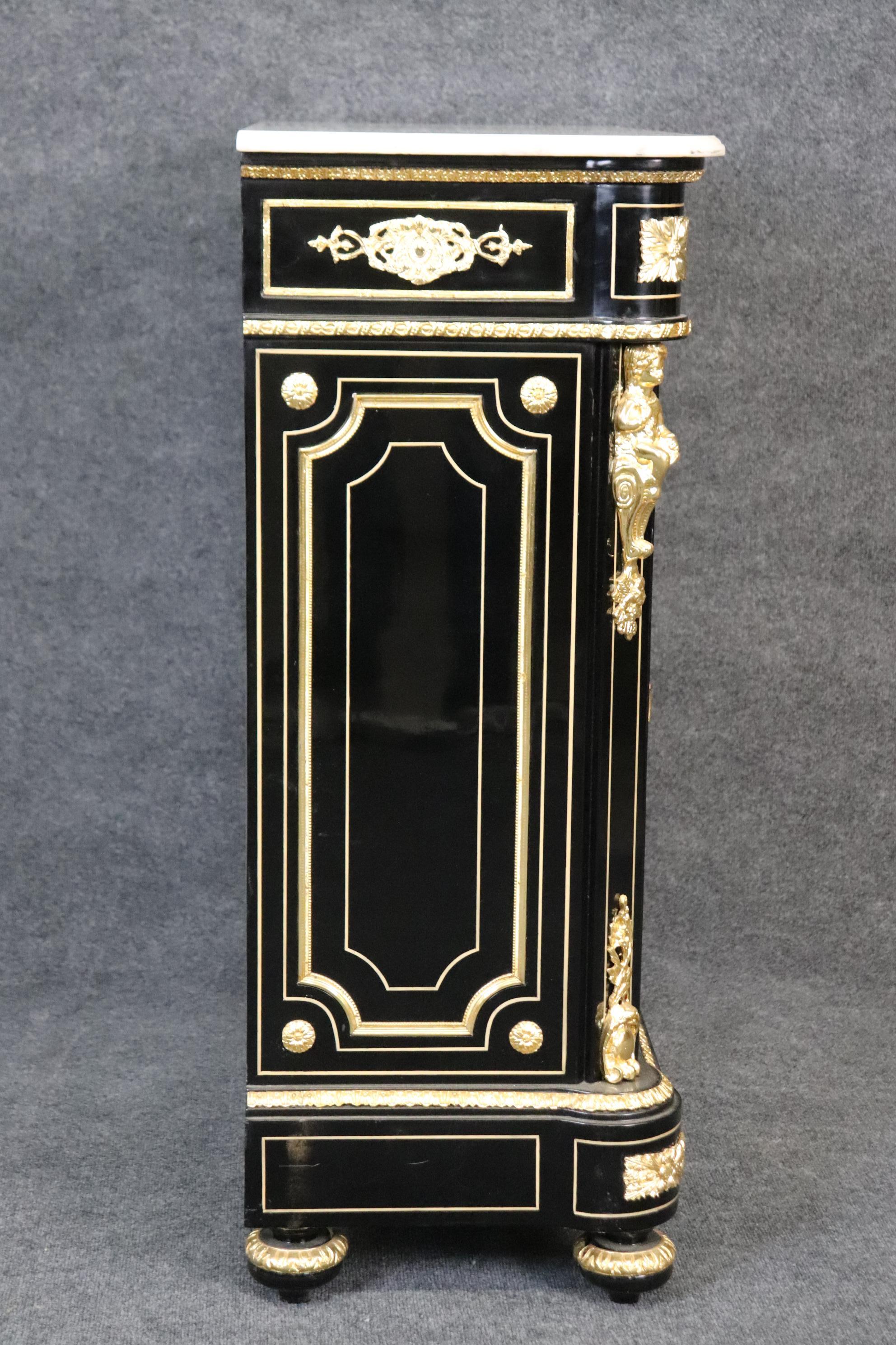 Mid-20th Century Ebonized Figural Brass Marble Top Napoleonic Side Cabinet Commode For Sale