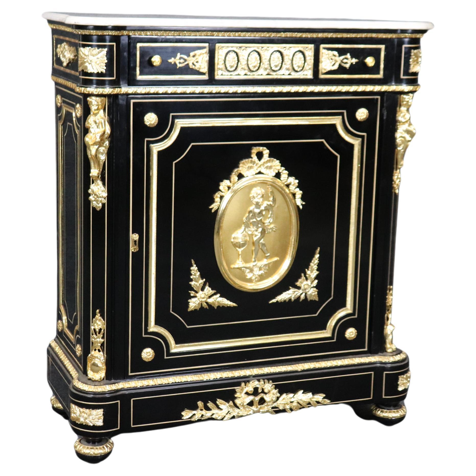 Ebonized Figural Brass Marble Top Napoleonic Side Cabinet Commode For Sale