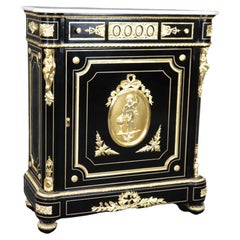 Retro Ebonized Figural Brass Marble Top Napoleonic Side Cabinet Commode