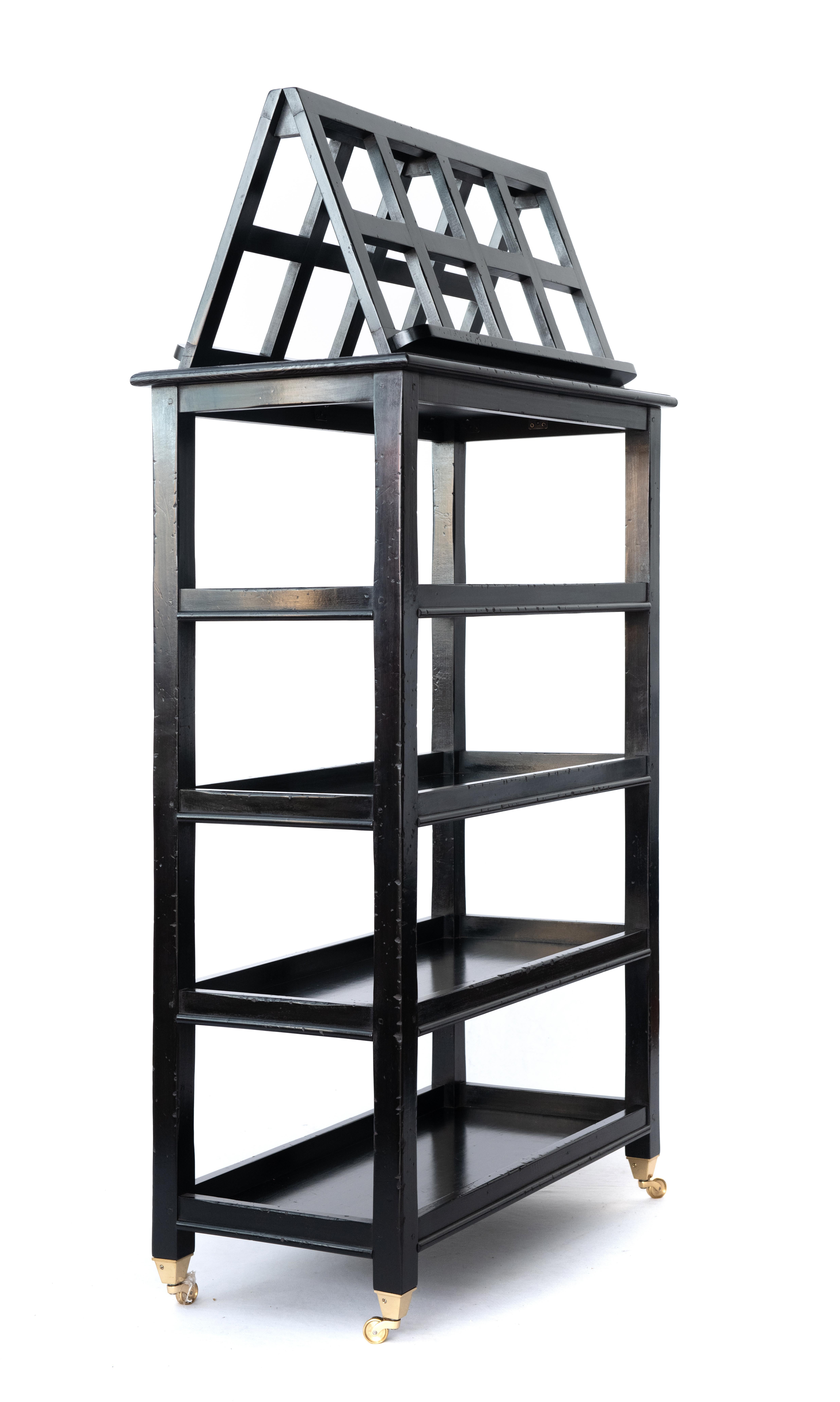 English Ebonized Four-Tier Étagère with Folding Lectern / Book Display Stand on Casters For Sale