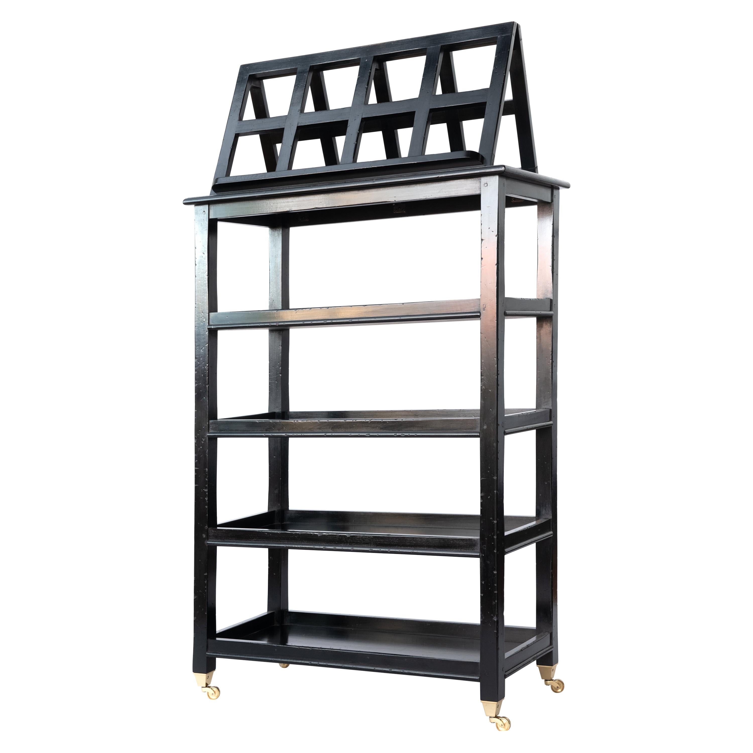 Ebonized Four-Tier Étagère with Folding Lectern / Book Display Stand on Casters For Sale