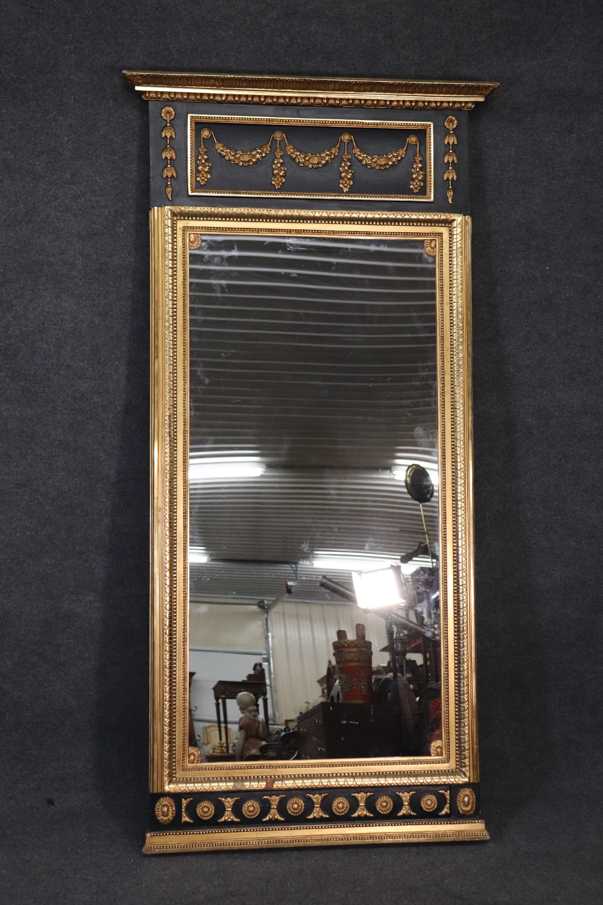 Empire Revival Ebonized French Empire Gilded Tall Narrow Wall Mirror, Cira 1970 For Sale