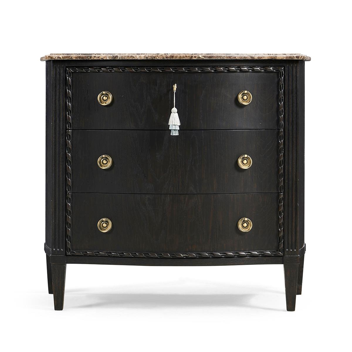 This exquisite chest is an ideal centerpiece for any bedroom or living space, offering both visual splendor and functional utility.

The top of the chest is crafted from honed Emperador stone, known for its durability and natural beauty, which sits