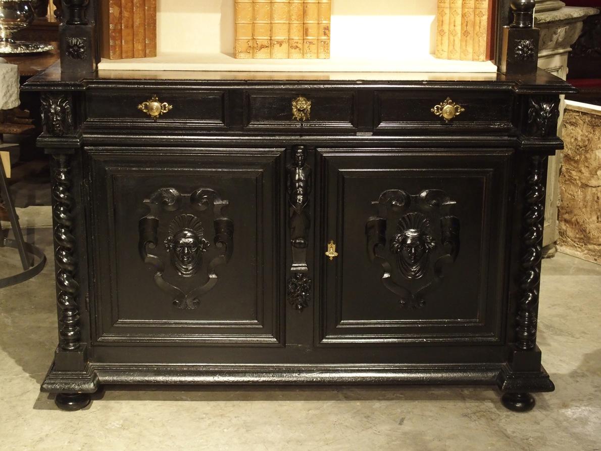Carved Ebonized French Napoleon III Open Bookcase with Turned Columns, circa 1860