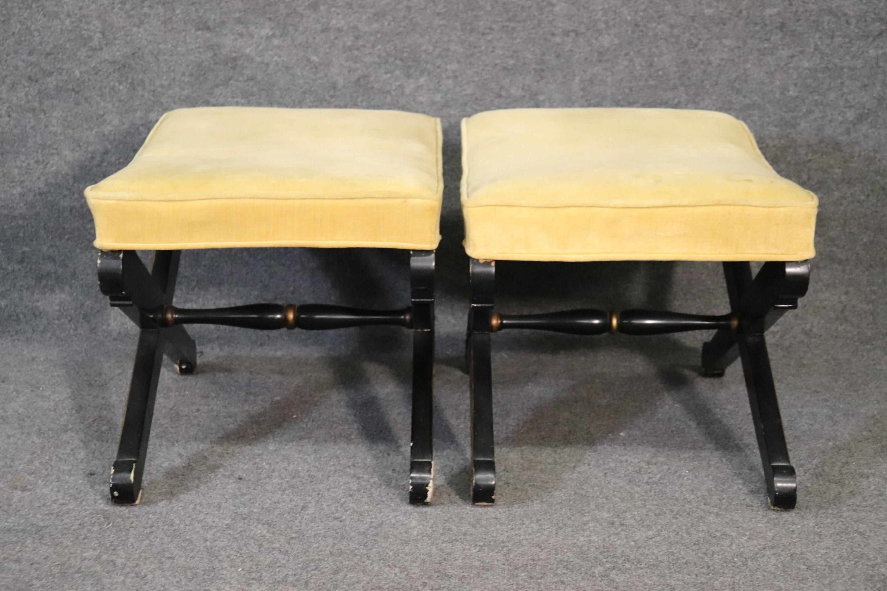 Mid-20th Century Ebonized Gilded French Directoire Style X Benches Stools Circa 1950