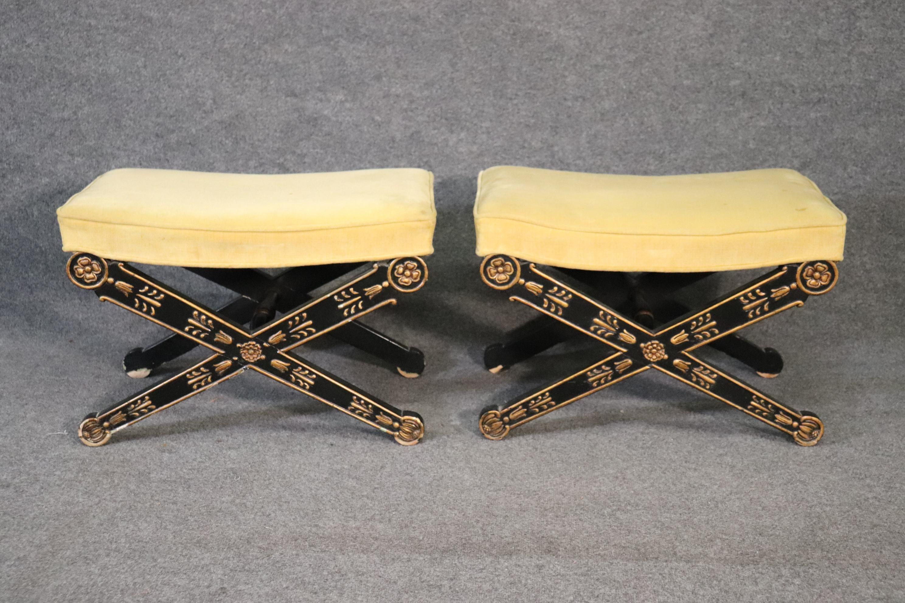 Walnut Ebonized Gilded French Directoire Style X Benches Stools Circa 1950
