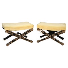 Ebonized Gilded French Directoire Style X Benches Stools Circa 1950