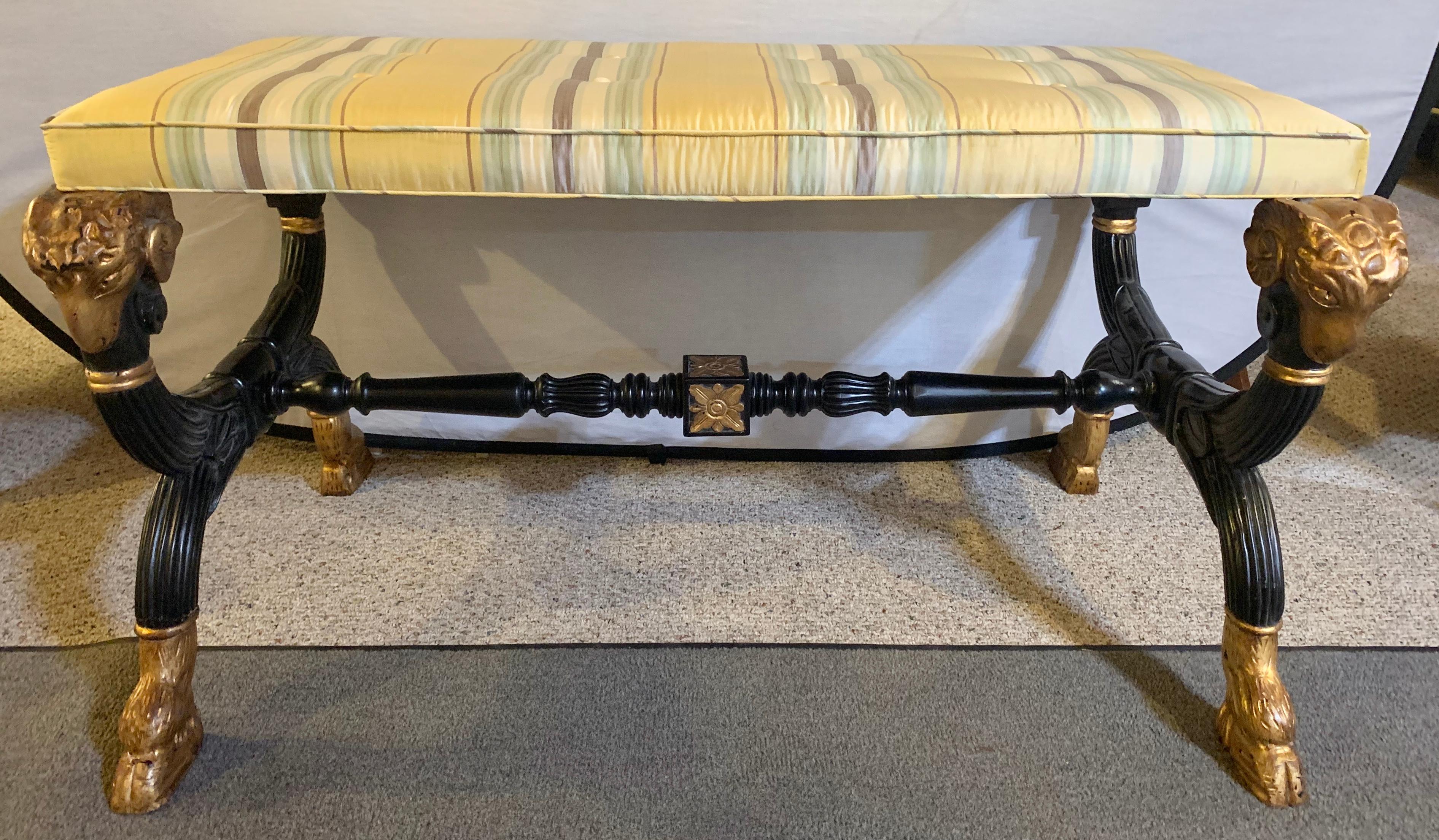 Ebonized & Gilt Benches Having Mantra Silk Scalamandre Upholstery, a Pair In Good Condition In Stamford, CT