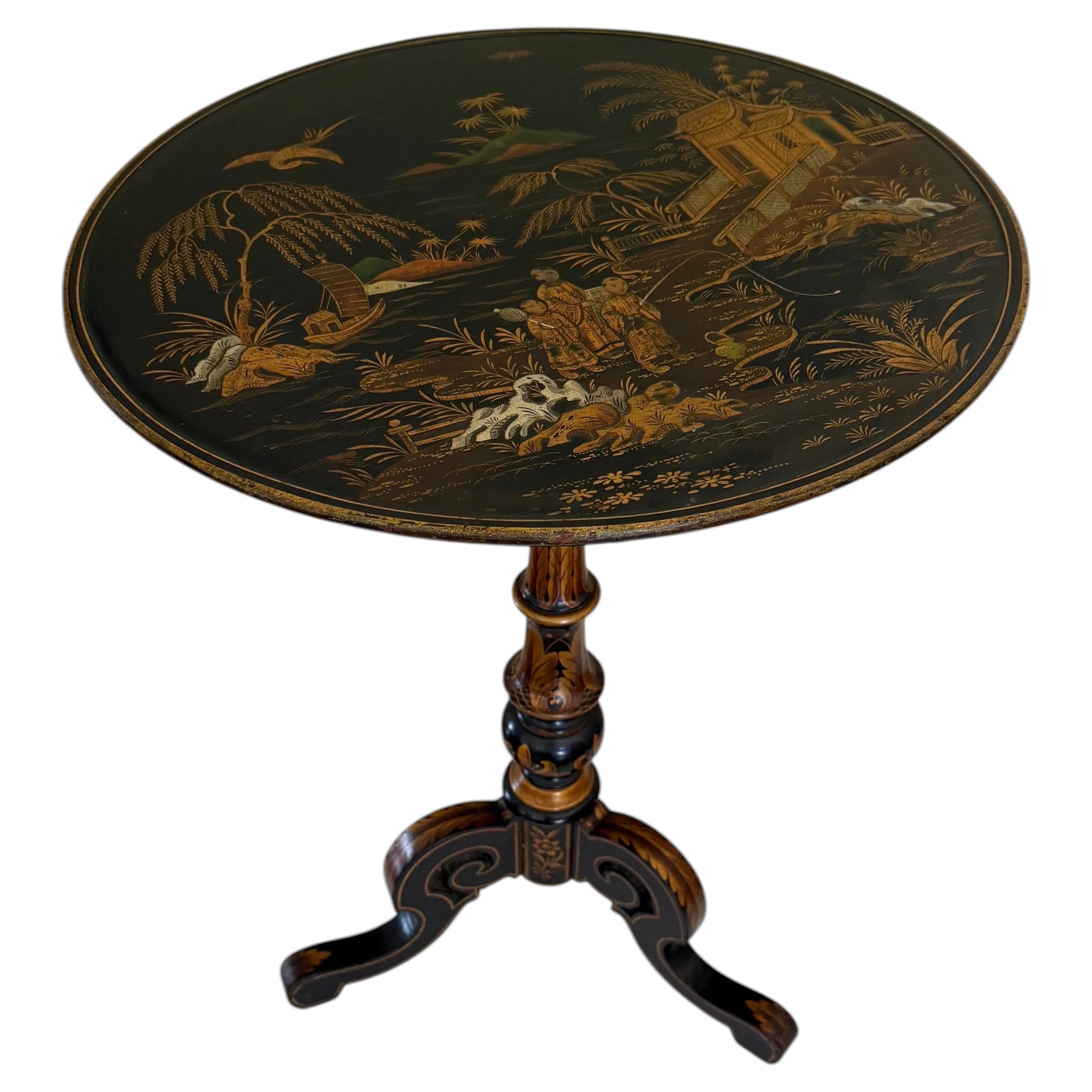 Ebonized Gilt Chinoiserie Round Side Accent Pedestal Table