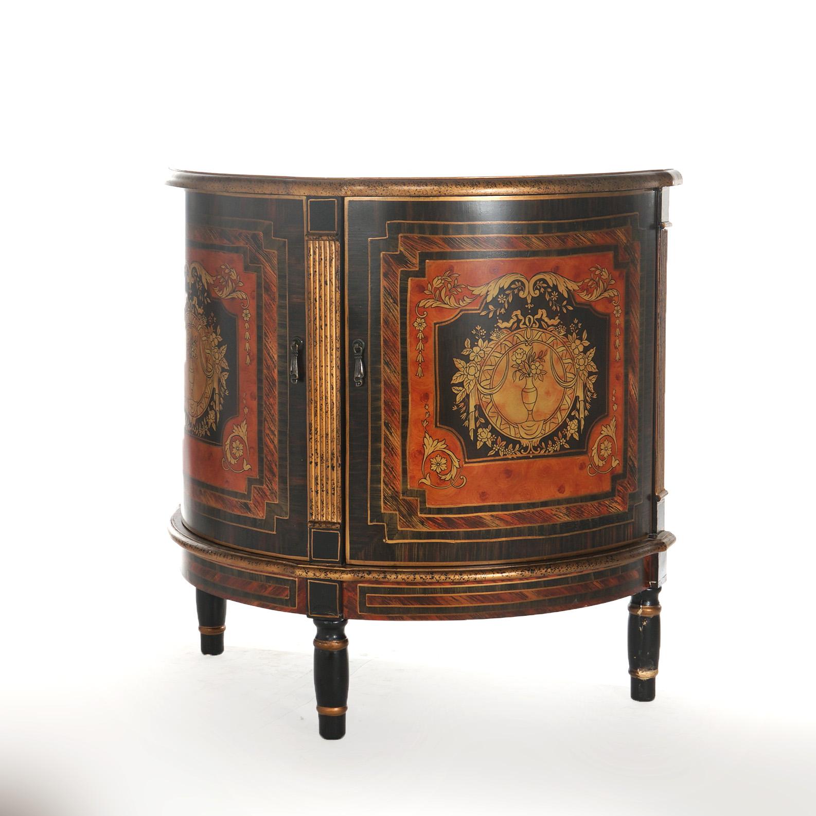 ***Inquire About Reduced In-House Delivery Rates - Reliable Professional Service & Fully Insured***

Ebonized & Gilt Decorated Demilune Stand with Roman Greco Floral Reserve & Double Door Cabinet 20thC

Measures - 33