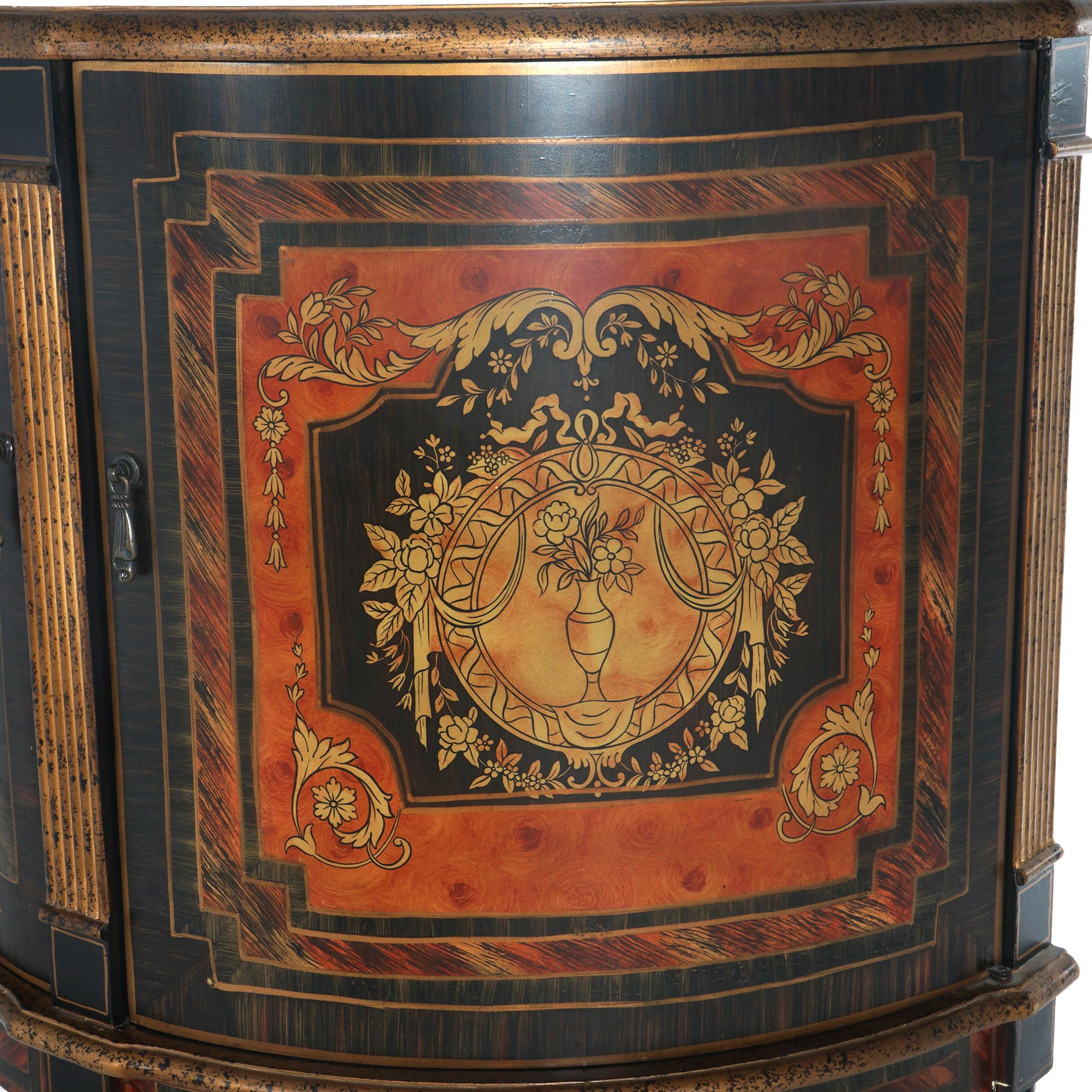 Ebonized & Gilt Decorated Demilune Stand with Roman Greco Floral Reserve 20thC In Good Condition In Big Flats, NY