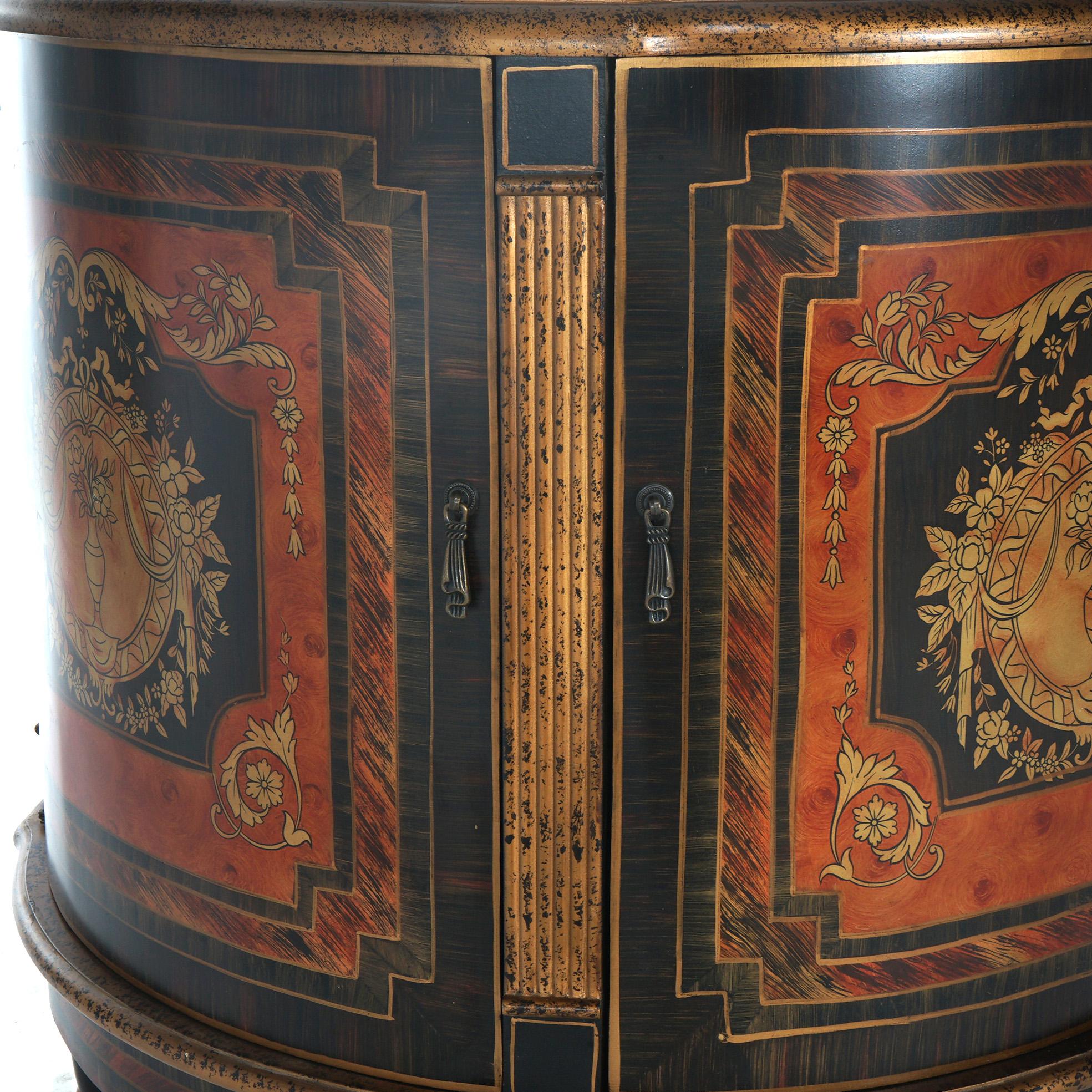 20th Century Ebonized & Gilt Decorated Demilune Stand with Roman Greco Floral Reserve 20thC