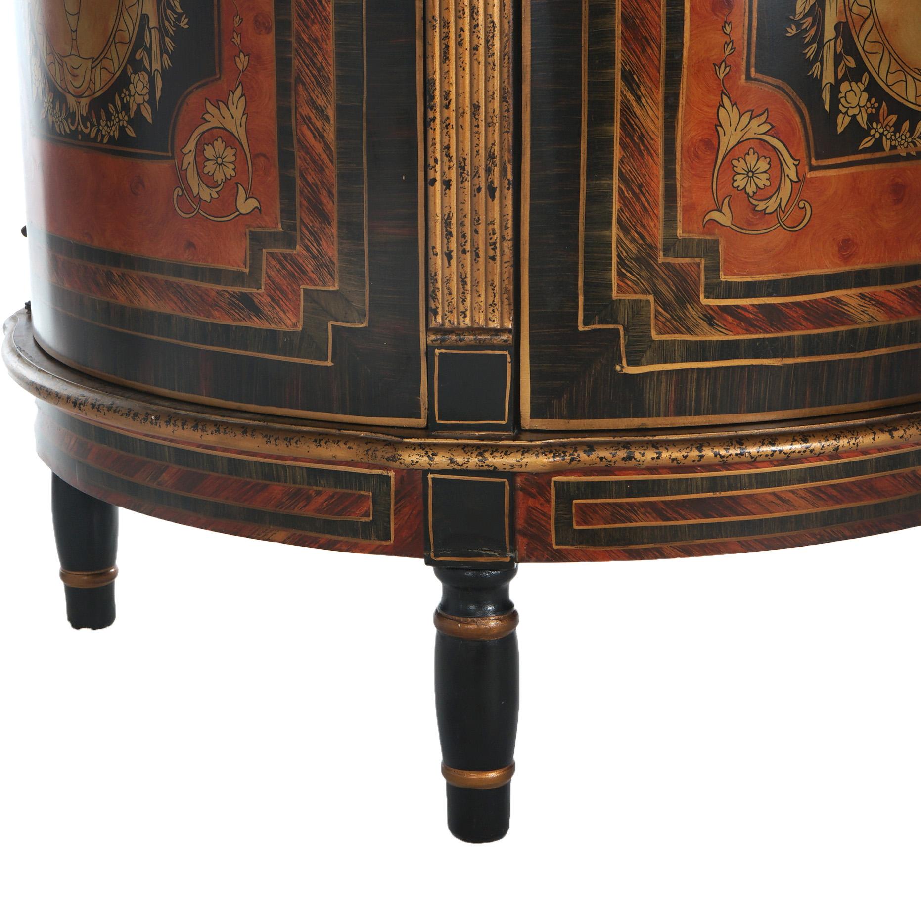 Mahogany Ebonized & Gilt Decorated Demilune Stand with Roman Greco Floral Reserve 20thC