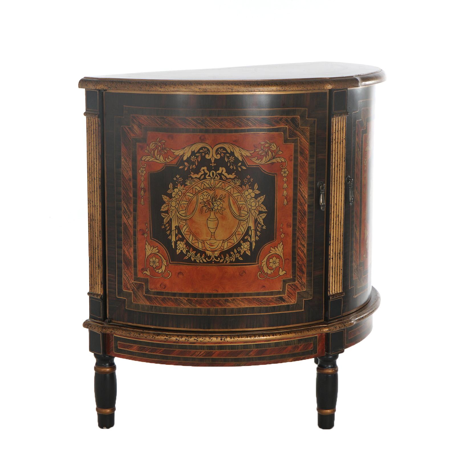 Ebonized & Gilt Decorated Demilune Stand with Roman Greco Floral Reserve 20thC 2