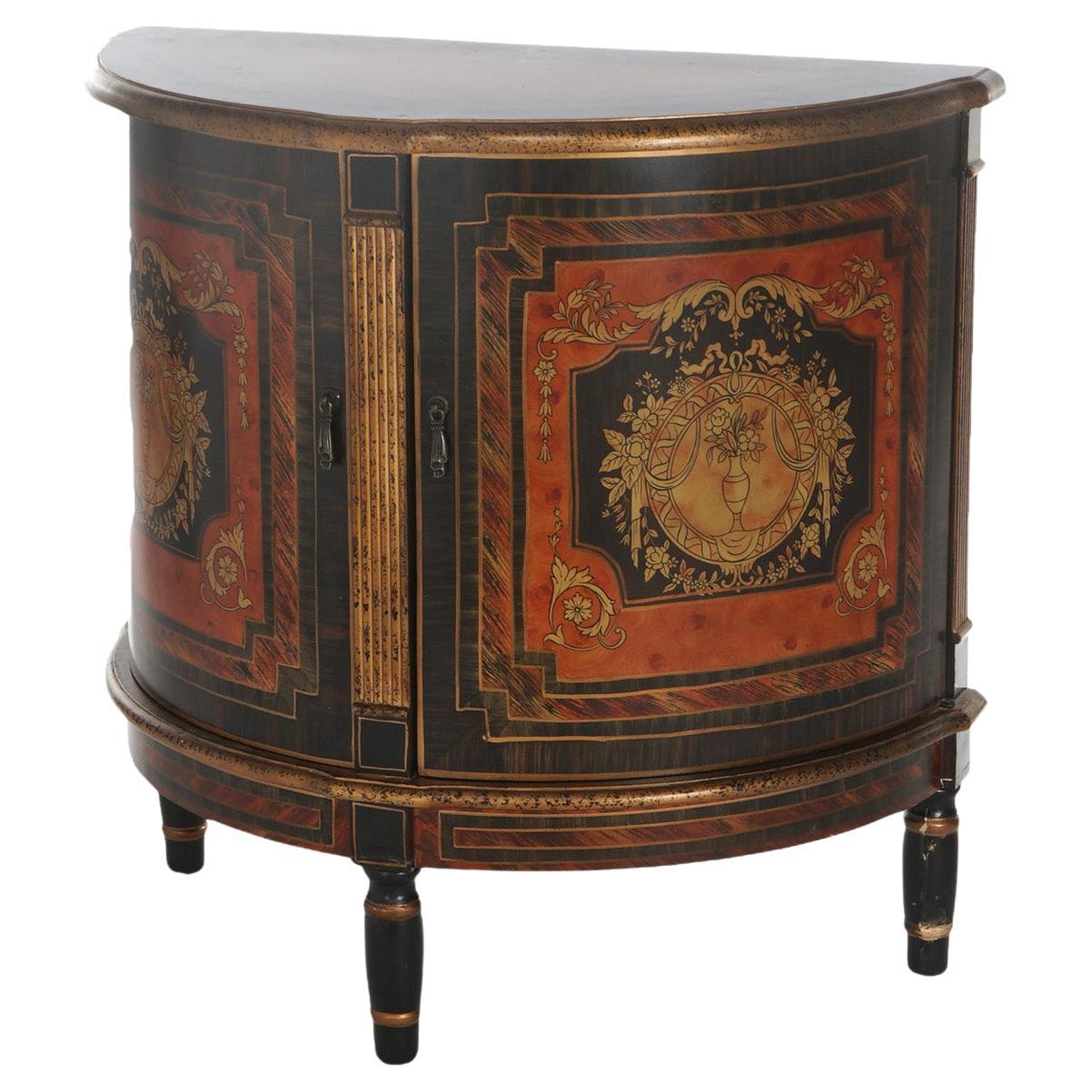 Ebonized & Gilt Decorated Demilune Stand with Roman Greco Floral Reserve 20thC