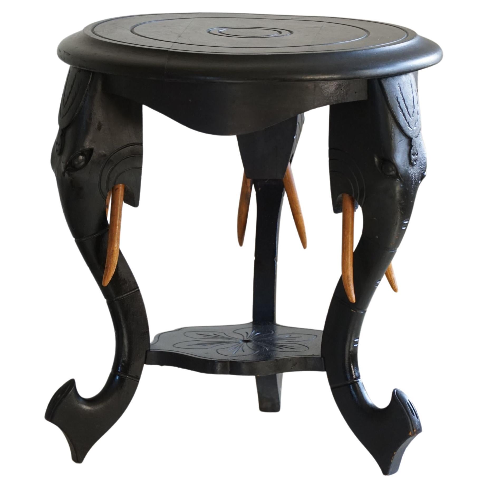 Ebonized Hardwood Side Table with 3 Elephant Head Legs, East Indian, 1920s For Sale