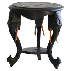 Ebonized Hardwood Side Table with 3 Elephant Head Legs, East Indian, 1920s