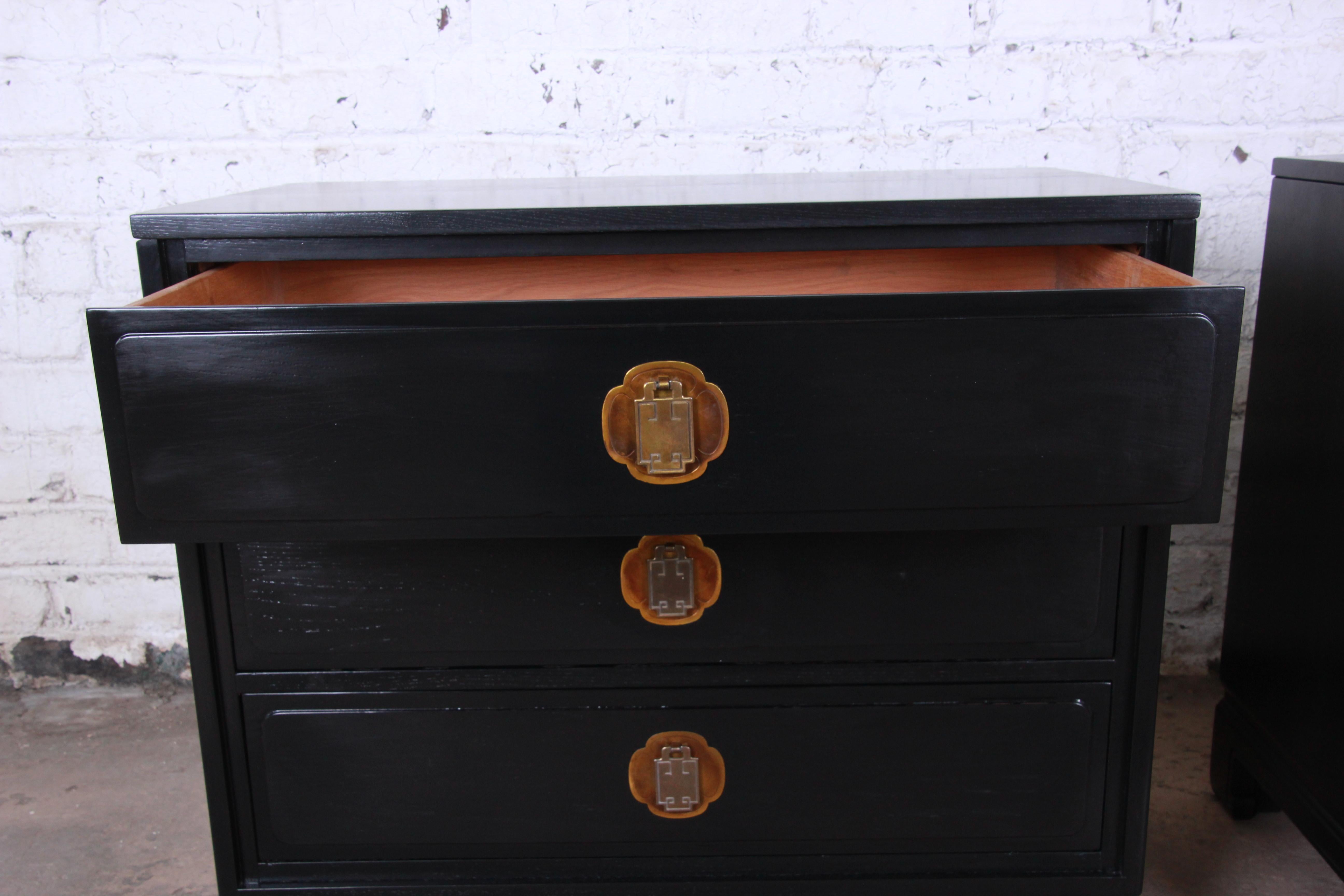 Brass Ebonized Hollywood Regency Chinoiserie Nightstands or Bachelor Chests, Pair