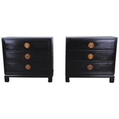 Vintage Ebonized Hollywood Regency Chinoiserie Nightstands or Bachelor Chests, Pair