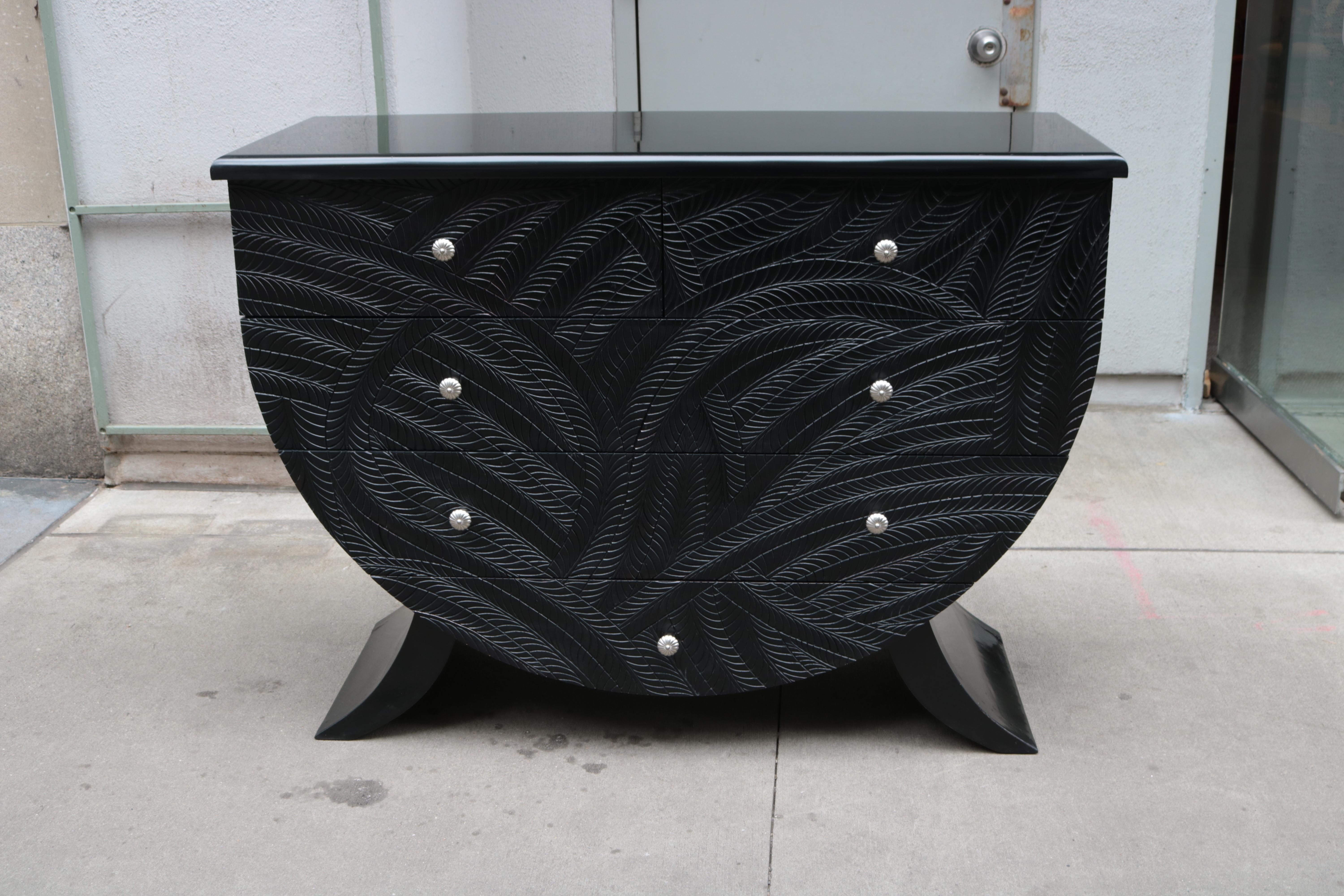 Carved Ebonized Italian Modernist Chest of Drawers For Sale