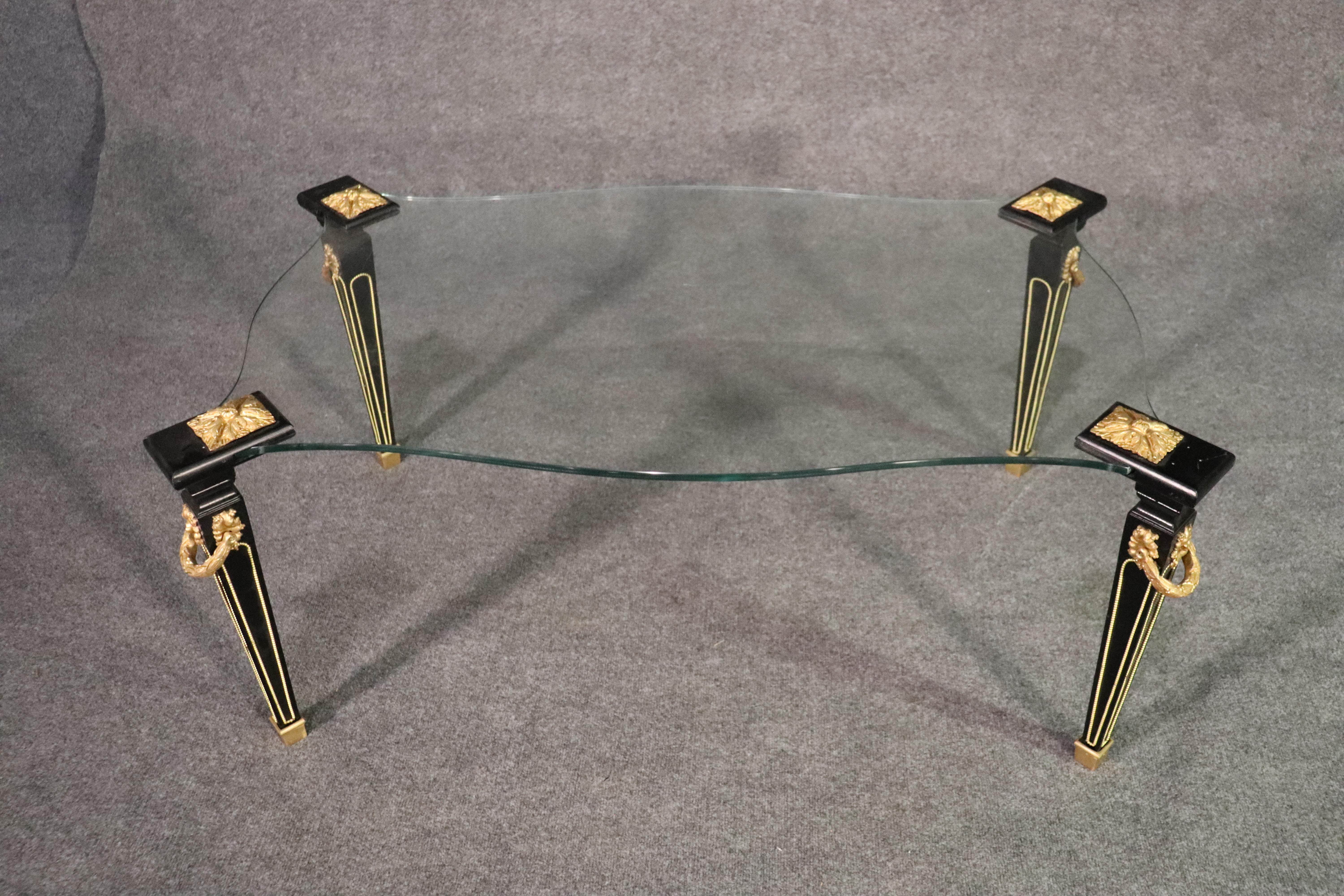 Ebonized Lacquer and Bronze Mounted Maison Jansen Style Glass Top Coffee Table 3