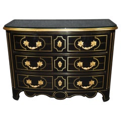 Ebonized Lacquer French Regency Brass Inlaid and Bronze Commode with Glass Top