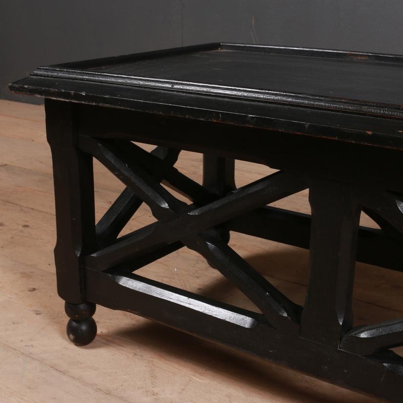 19th century English low lamp table with original ebonized finish, 1850

Dimensions
34 inches (86 cms) wide
18 inches (46 cms) deep
16 inches (41 cms) high.

 