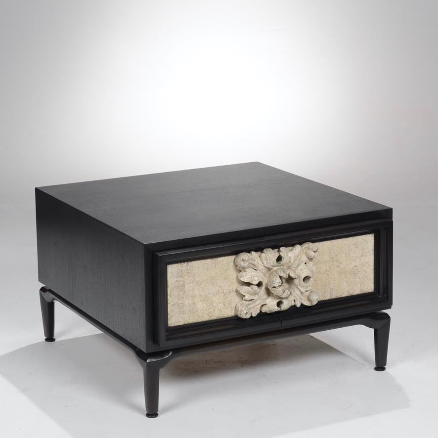 Side cabinet constructed of ebonized, refinished mahogany with stone sculptural detail, circa 1965. In excellent condition.