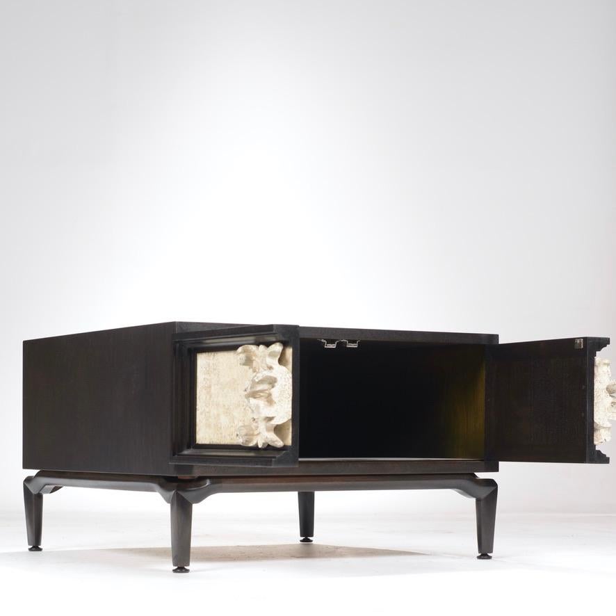 Mid-Century Modern Ebonized Mahogany and Stone Side Cabinet For Sale