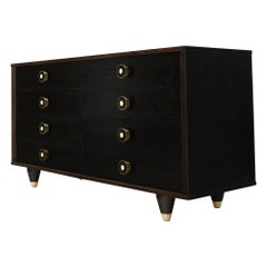 Ebonized Mahogany Brass Button Shape Pulls Hardware 8 Drawers Long Dresser