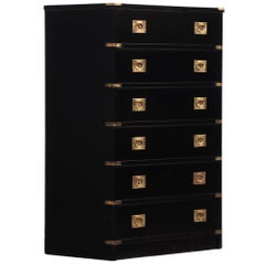 Ebonized Mahogany Campaign Style Tall Chest, C. 1960.