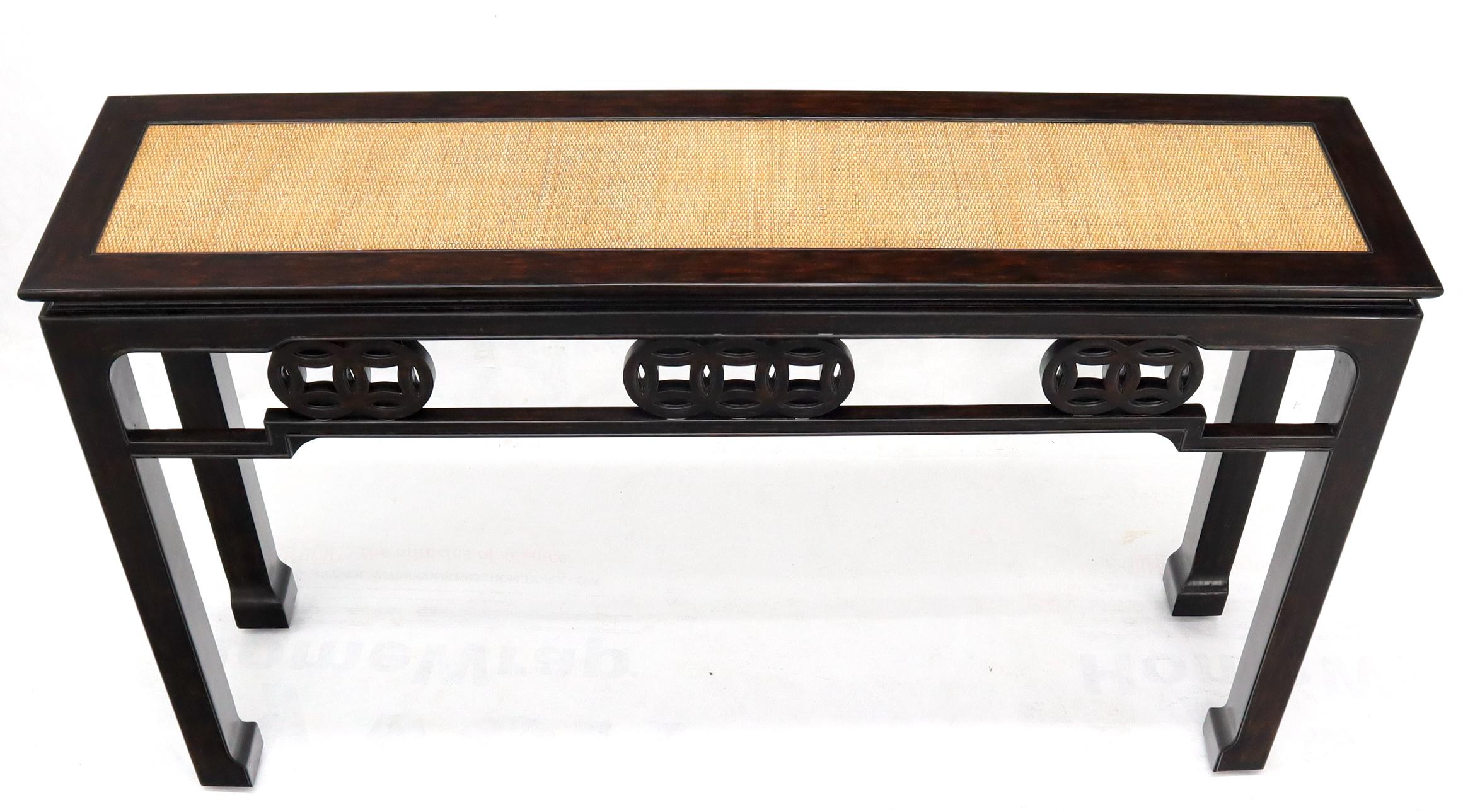 Oriental Asian midcentury style carved base high quality craftsmanship console table with caned top.