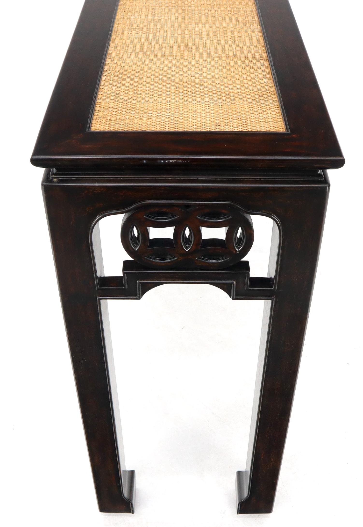 Ebonized Mahogany Cane Top Asian Influence Console Table For Sale 1