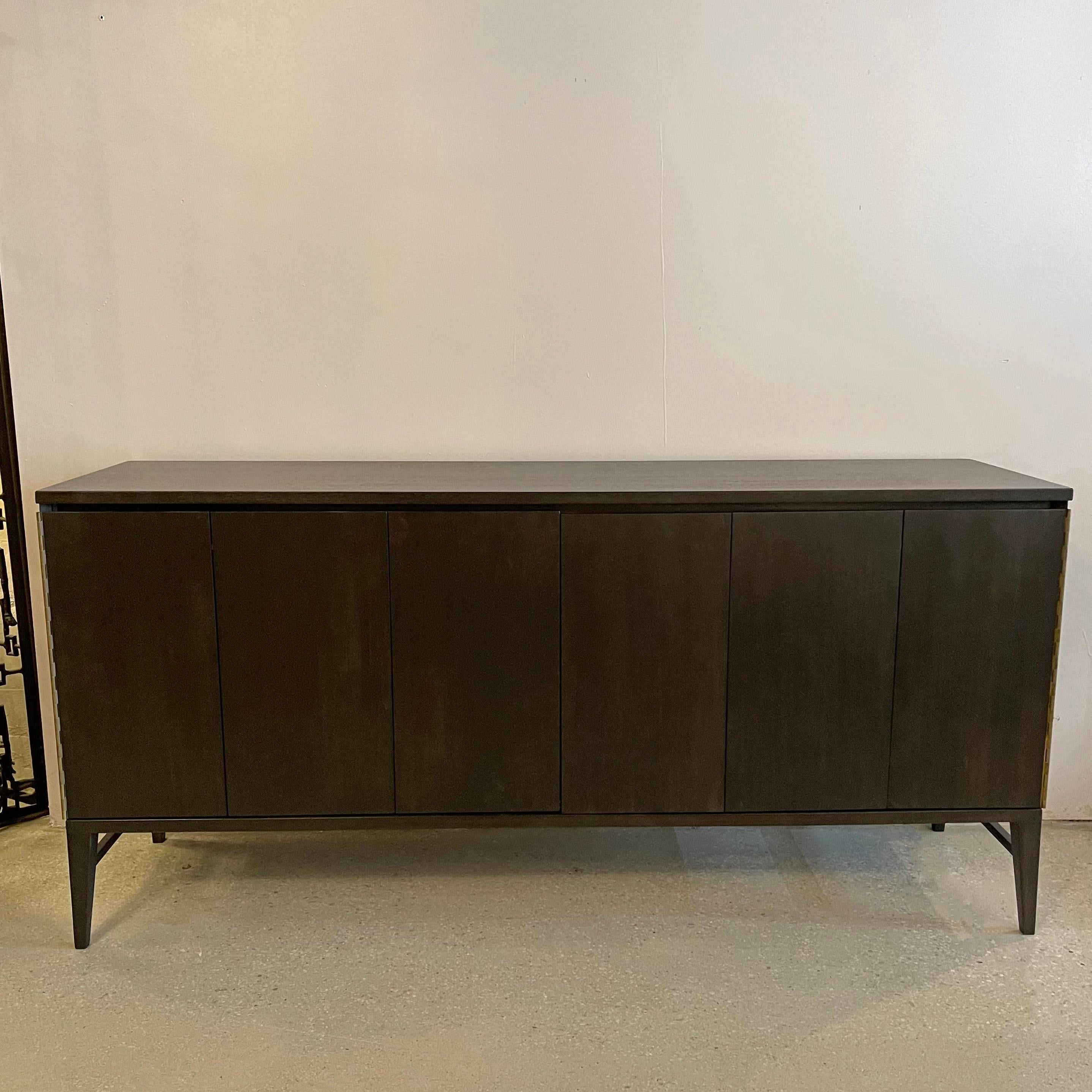 Mid-century modern, double-wide, credenza configuration, concealed mahogany dresser by Paul McCobb, Irwin Collection for Calvin Furniture features accordian fronts that open to reveal eight drawers at 5.5 inches height with scoop fronts to open